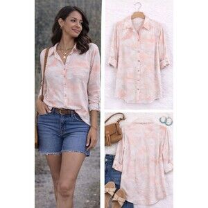 New Shirt Top Size 8 Peach Beige Floral 3/4 Dolman Sleeve Lightweight Cotton